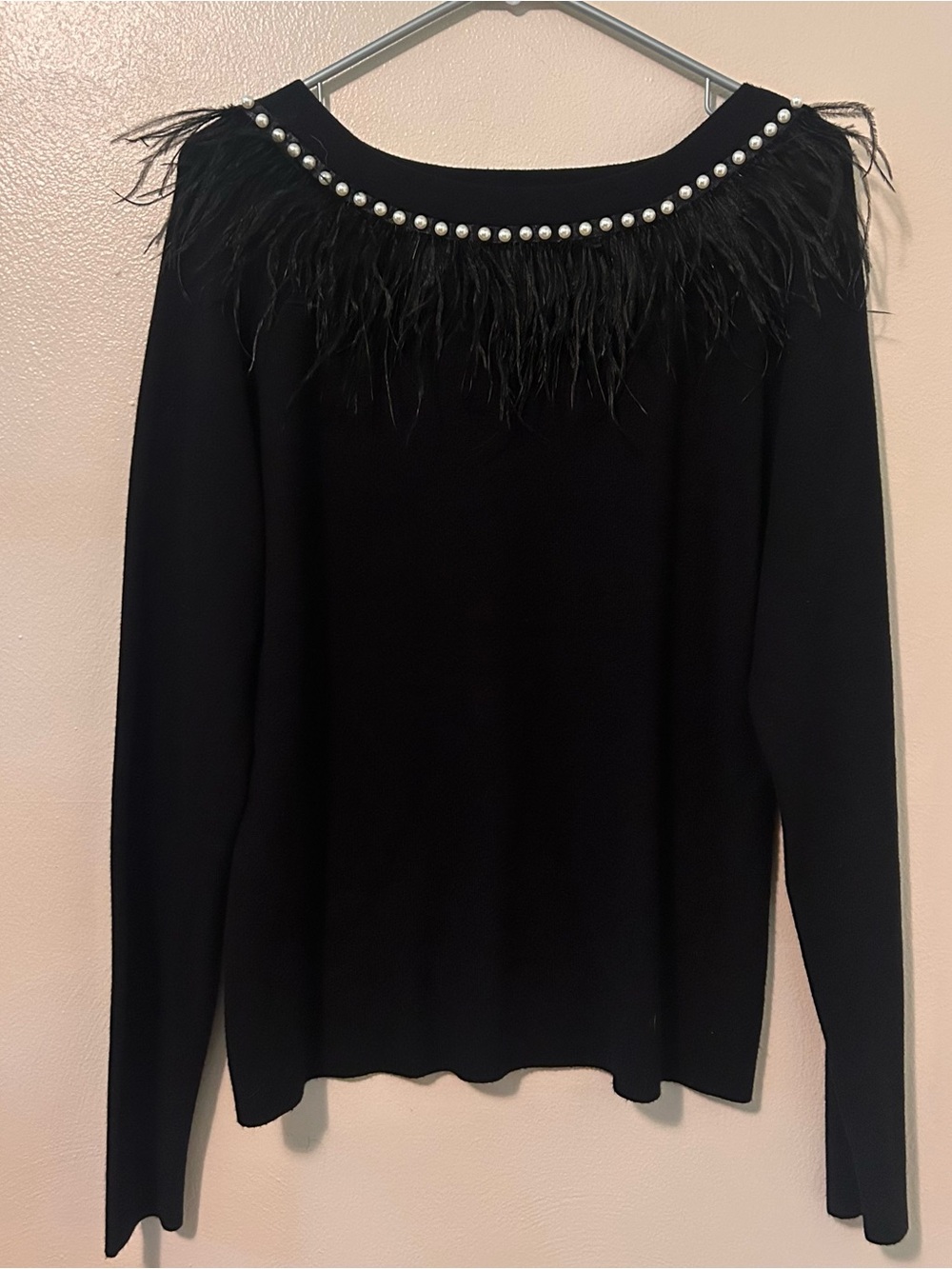 Sioni Black Feather-Trim Sweater with Beaded Pearl Neckline